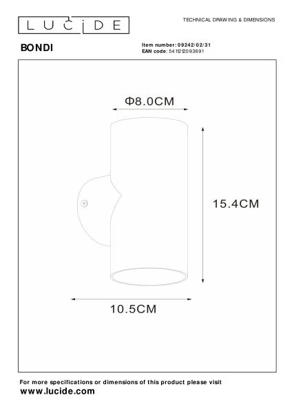 Lucide BONDI - Wandstrahler / Wandleuchte - 2xGU10 - Weiß - TECHNISCH